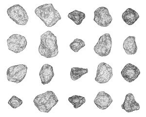 A collection of rocks are shown in black and white. The rocks are scattered across the image, with some closer to the foreground and others further back. Scene is one of simplicity and natural beauty