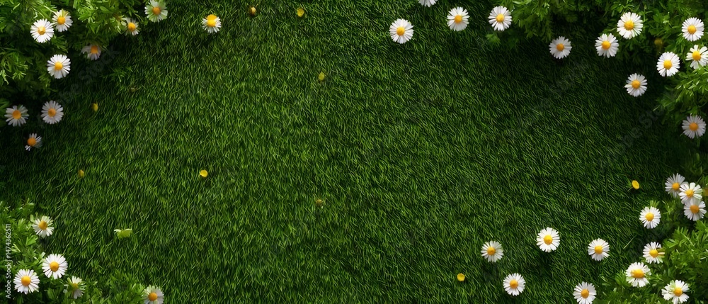 Aufkleber 鮮やかな緑の草と白いデイジーのフレーム背景 壁紙デザイン テクスチャ背景と緑の植物