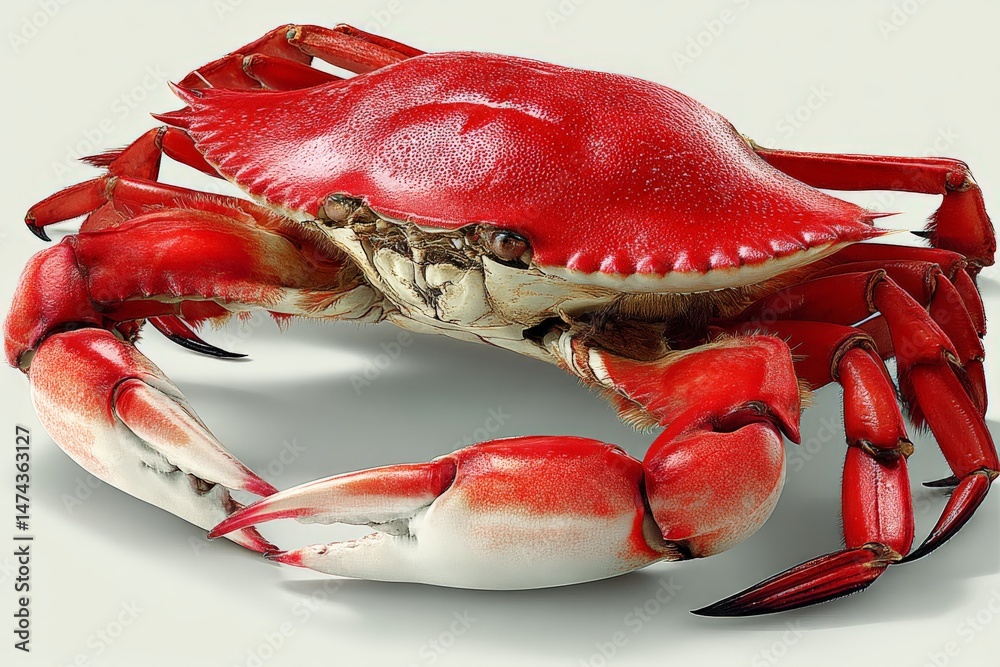 Poster Bright red crab perched on a surface showcasing detailed texture and features in a natural light setting