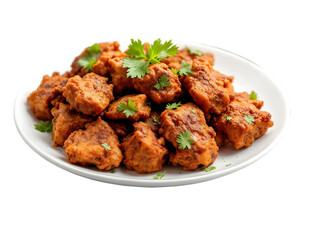 Fototapeta premium Delicious Crispy Fried Chicken Pieces Spicy Flavorful Appetizer Food Photography Restaurant Menu Asian Cuisine Dinner Plate Garnish Cilantro Herbs 