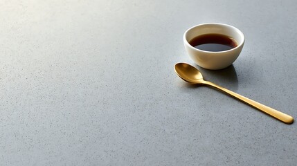 Sauce in bowl with gold spoon on grey background