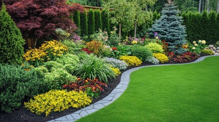 Landscape design with freshly planted trees along a curved walkway