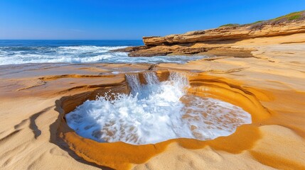 Ocean waves crash into a natural sandstone pool on a sunny coastal landscape under a clear blue sky.