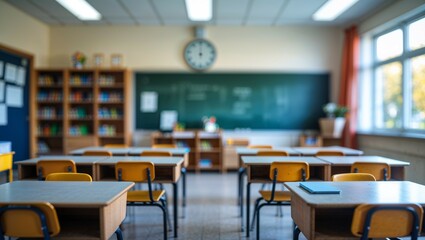 Empty interior of a school classroom with tables and chairs