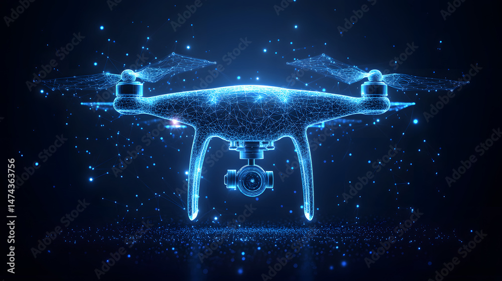 Poster futuristic drone design rendered with glowing blue lines and particles. a technologically advanced u