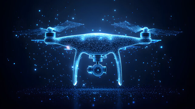 Futuristic drone design rendered with glowing blue lines and particles. A technologically advanced UAV featuring twin rotors, landing gear, and an integrated camera. Abstract wireframe in dark blue.
