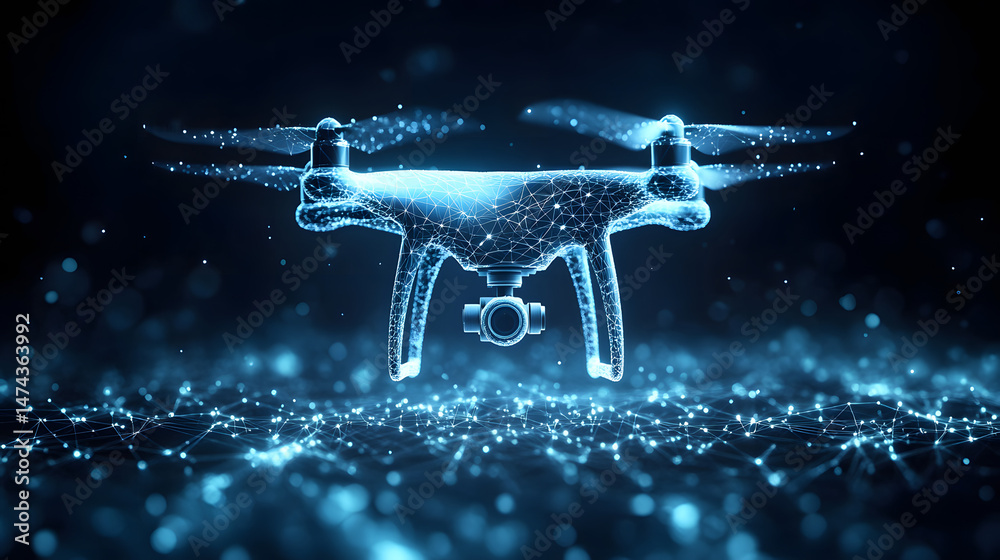Aufkleber Futuristic drone represented in digital lines and points against a dark backdrop. Network ripples from the drone, creating a technological, connected visual. Abstract wireframe in dark blue.