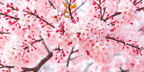 Delicate pink and white cherry blossoms in full bloom, seamlessly repeating in a gentle, flowing pattern, bloom, textile design