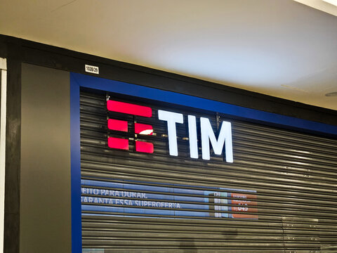 Detail of the TIM store in Brazil. TIM (Telecom Italia Mobile) is Telecom Italia's mobile phone brand founded in 1995.