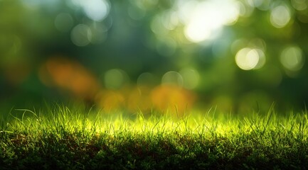 Lush green grass at the edge of a blurred forest