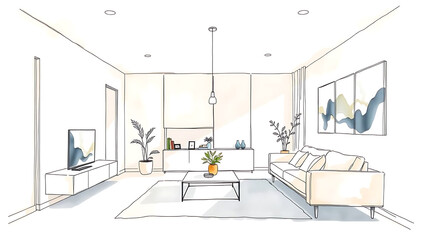 Elegant living room sketch features modern furniture and decor elements
