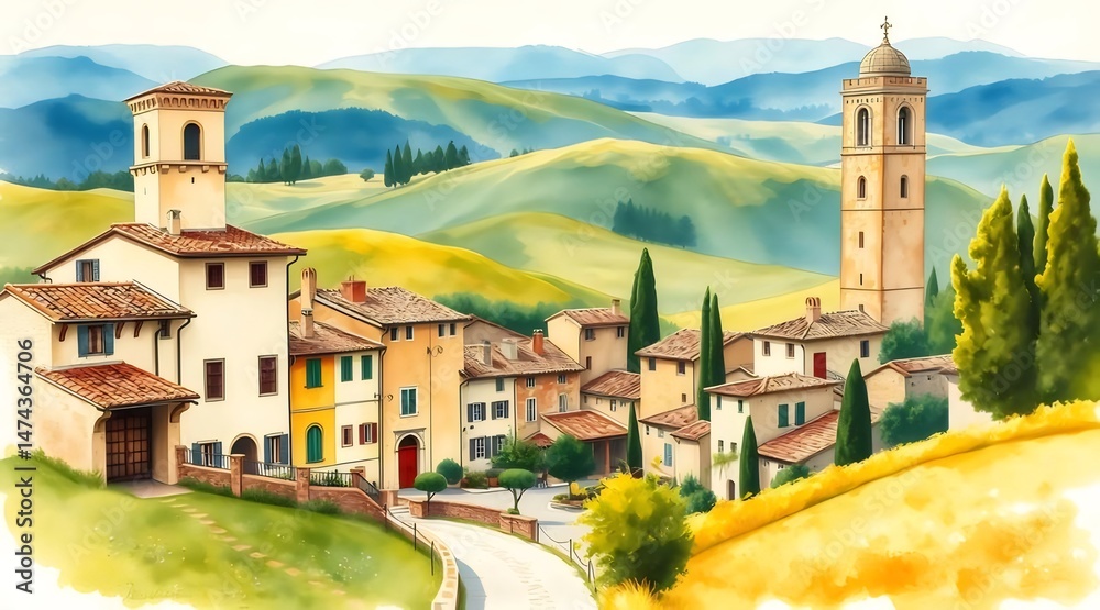 Poster イタリアのトスカーナ地方の丘陵地帯に佇むカラフルな建物と塔が織りなす村の風景と青い空の眺め