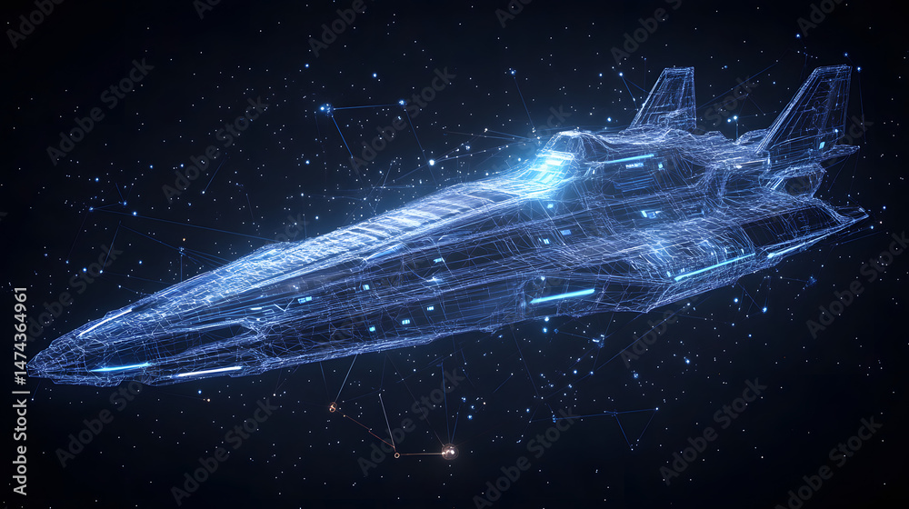 Aufkleber futuristic spaceship soaring through a star-filled cosmos. a sleek, blue wireframe design with illum