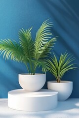 Obraz premium Two potted plants on a white pedestal against a blue wall studio shot with natural light and shadows for product display