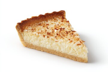 A slice of creamy coconut tart, toasted coconut flakes on top, sits on a white background.