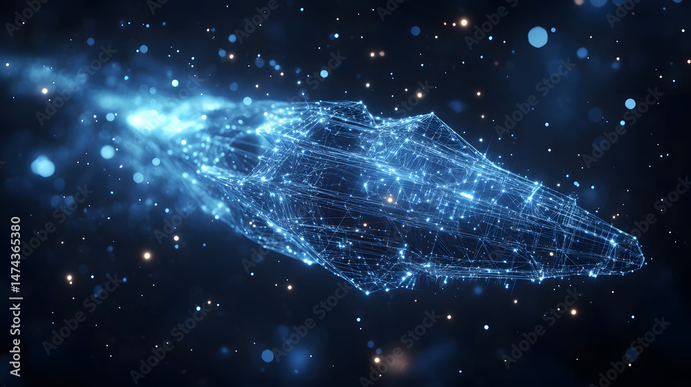 Poster Futuristic spacecraft hurtling through space, its wireframe structure glowing with energy. A dynamic depiction of advanced tech, exploration, Abstract wireframe in dark blue.