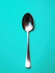 Silver spoon resting on a vibrant turquoise background overhead shot minimalist style food styling kitchenware utensil