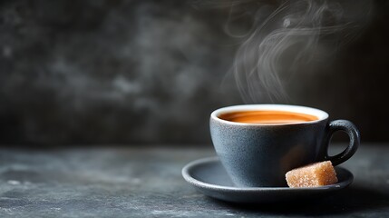 Coffee cup with steam and brown sugar on saucer