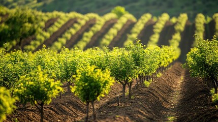 Small orchard with young fruit trees planted in straight lines across a gentle slope