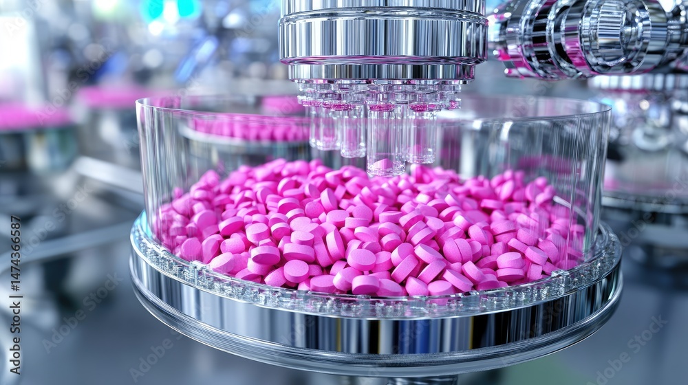 Poster pharmaceutical factory floor showing tablet sorting and vial filling machines at work