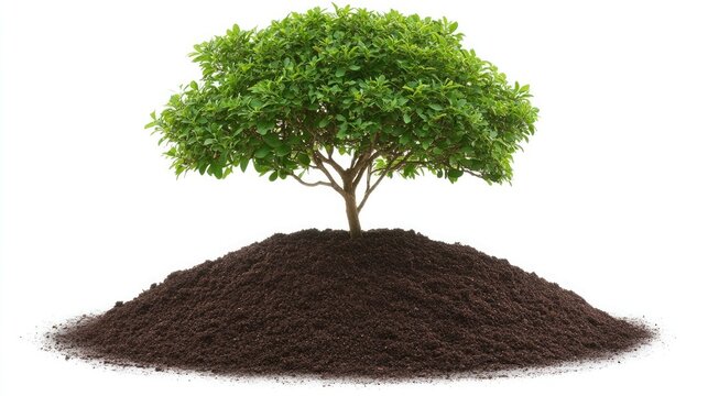 Small tree placed in a circular hole with rich dark soil and mulch around the base