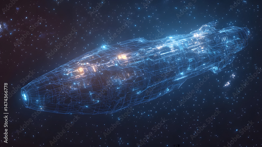Poster Futuristic spaceship navigates the cosmos, its wireframe structure illuminated with vibrant blue and orange lights. A stunning visual of interstellar travel. Abstract wireframe in dark blue