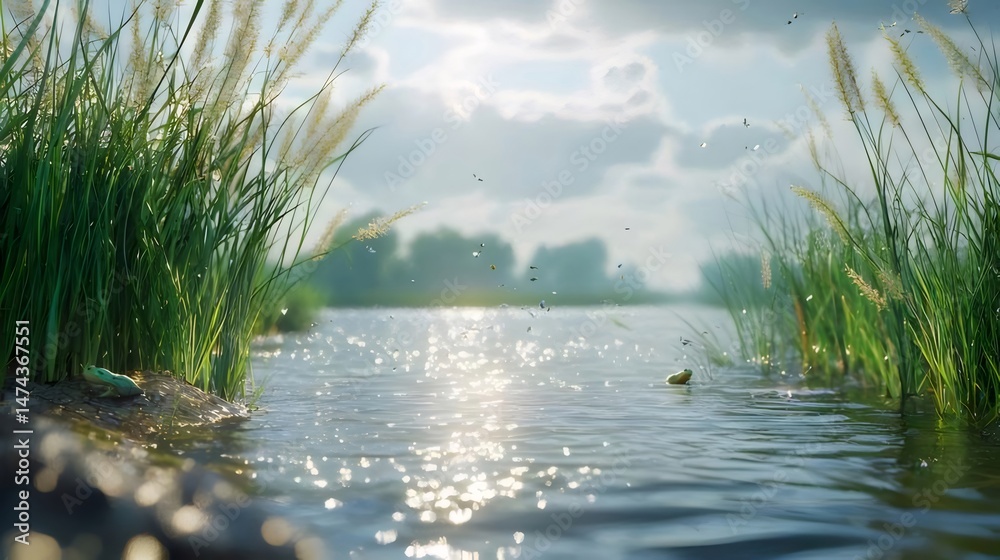 Aufkleber 太陽光が輝く水面と緑の草が生い茂る穏やかな川の風景 静けさと自然美が調和した背景