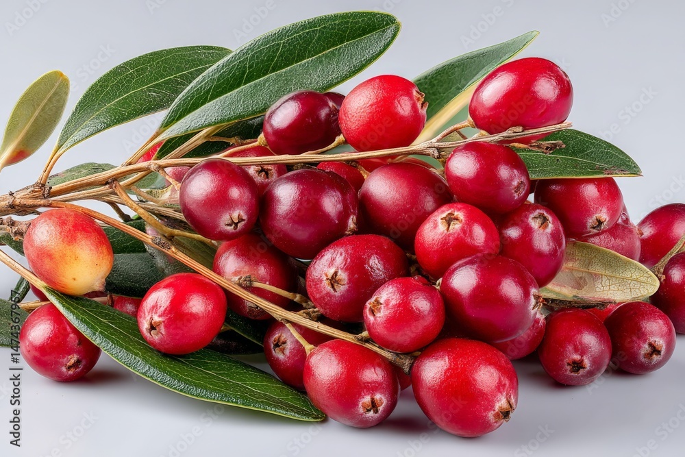 Poster freshly harvested berries with green leaves displayed on a light background in a close-up view