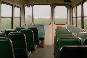 Fototapeta premium Empty bus interior with green seats rural landscape