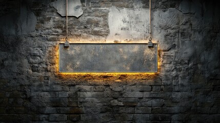 Rectangular glass signage mockup on an industrial brick wall with realistic lighting