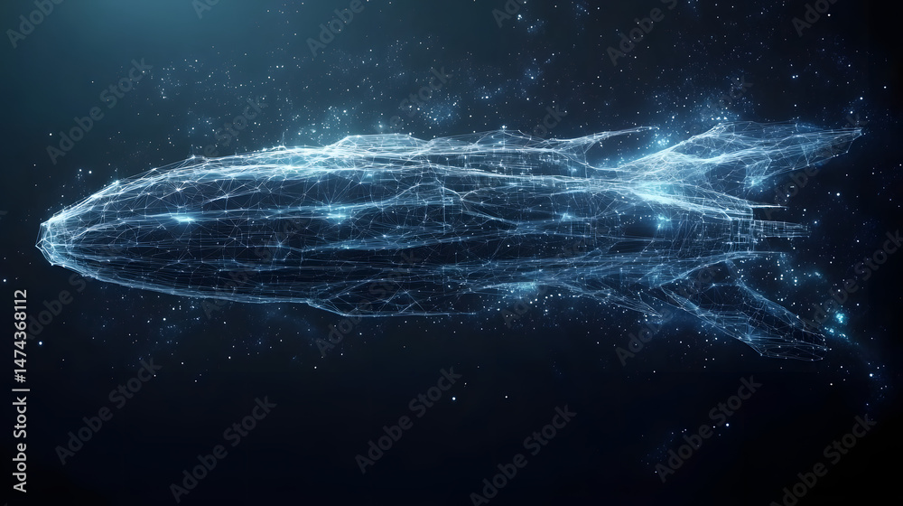 Poster Futuristic spacecraft in deep space, a luminous blue network against a starlit background evokes otherworldly travel. Sleek design with pointed fins. Abstract wireframe in dark blue.