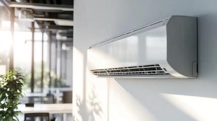 Split-type air conditioner on white wall with sunlight from window and green plant in corner.