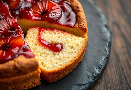 Close-up of sliced piernik cake with plum jam on slate,  background,  food photography