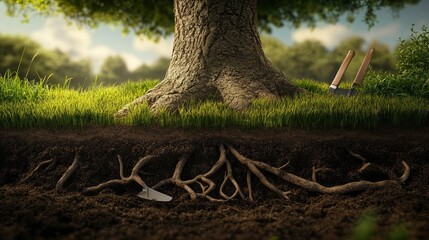 Tree roots being gently covered by soil, surrounded by grass and gardening tools