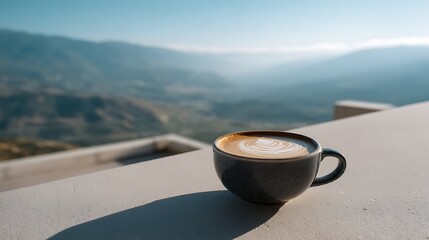 Coffee cup with latte art and mountain view