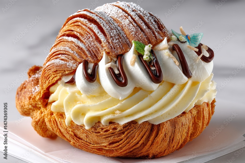 Poster delightful cream-filled croissant topped with chocolate and decorative elements in a bright setting