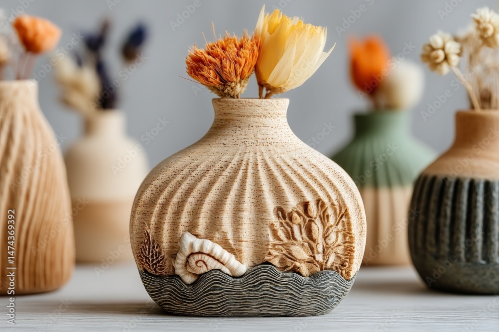 Poster unique handmade vase design featuring natural textures with dried flowers in a calm indoor setting