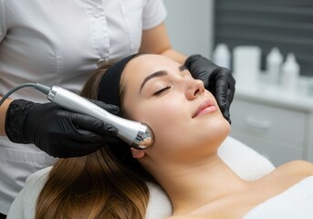 Fototapeta premium Young woman receiving a facial treatment with a modern device in a spa, eyes closed and relaxed during the procedure