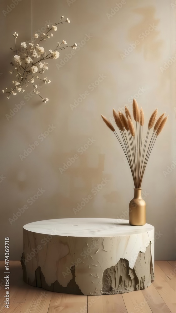 Aufkleber ベージュの壁の背景に白い抽象的な花とフェザースタイルの花瓶が置かれた白い丸い木製卓上 静かな雰囲気のインテリアデザイン