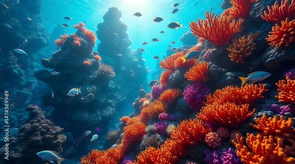 Aufkleber 色鮮やかなサンゴ礁と魚が泳ぐ水中風景 太陽光が差し込む美しい海の生態系を捉えた熱帯の壁紙