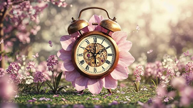 Timeless blossom: antique clock enveloped by vibrant pink flowers in gentle spring breeze