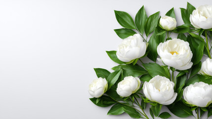 Elegant arrangement of white peonies and fresh green leaves cascading across a clean surface, creating a graceful floral composition and natural beauty display.