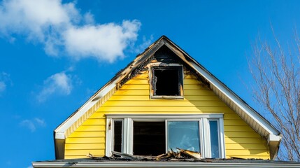 Close-up view of a fire-damaged yellow house roof and charred window frame against a clear blue sky, showing visible burn marks, smoke damage, and structural decay from an accident or disaster.