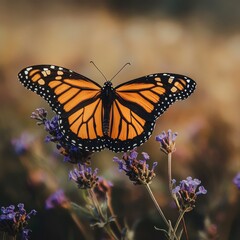 Fototapeta premium Monarch butterfly resting on lavender flowers in a garden setting macro shot nature photography