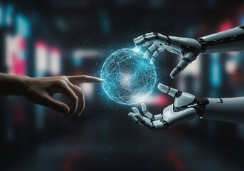 Human hand and robot hands interact with a glowing digital sphere in a futuristic scene