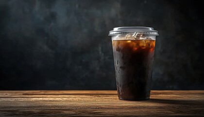Plastic cup with dark iced drink on wooden table against dark background, condensation visible.