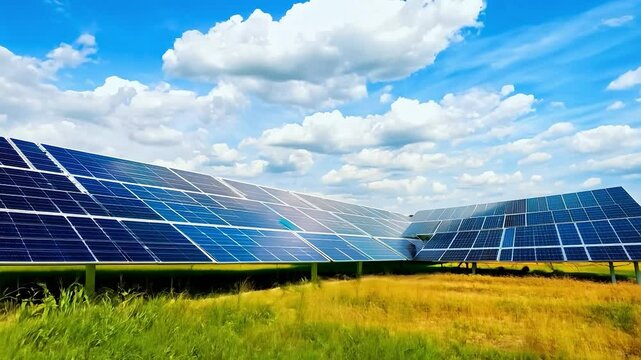 Large solar panel arrays installed in grassy field under blue sky with clouds. Renewable energy, sustainable technology and clean power generation concept. Design for banner, poster, wallpaper, header