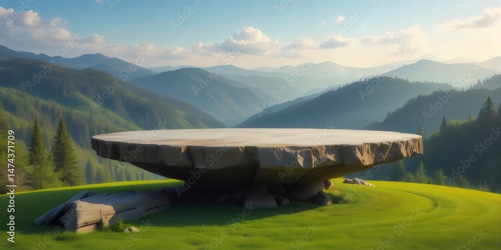 Poster 穏やかな緑の丘陵地帯と岩の台座のステージ、晴れた日の風景、屋外の背景、平和な高地の風景