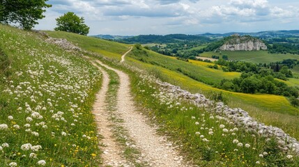 Obraz premium A rural footpath winding uphill, surrounded by wildflowers and rocky terrain