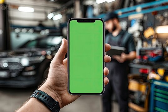 Phone with Green Screen in Auto Repair Shop